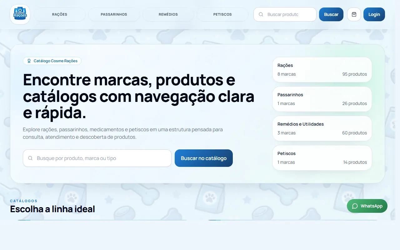 Tela inicial do projeto Cosme Rações, desenvolvido com React, TypeScript, Vite